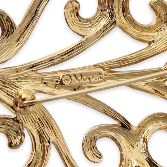 Vintage Monet Plume Brooch Gold Plated Feather Curly Swirl Extra Large Statement - Picture 4 of 4